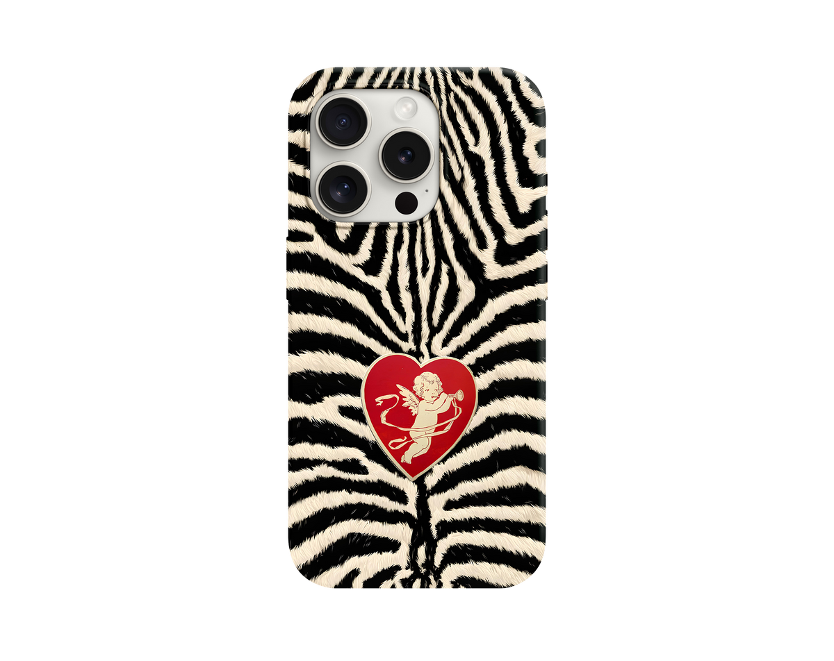 Zebra Desenli Kırmızı Kalp ve Melek Figürlü Telefon Kılıfı