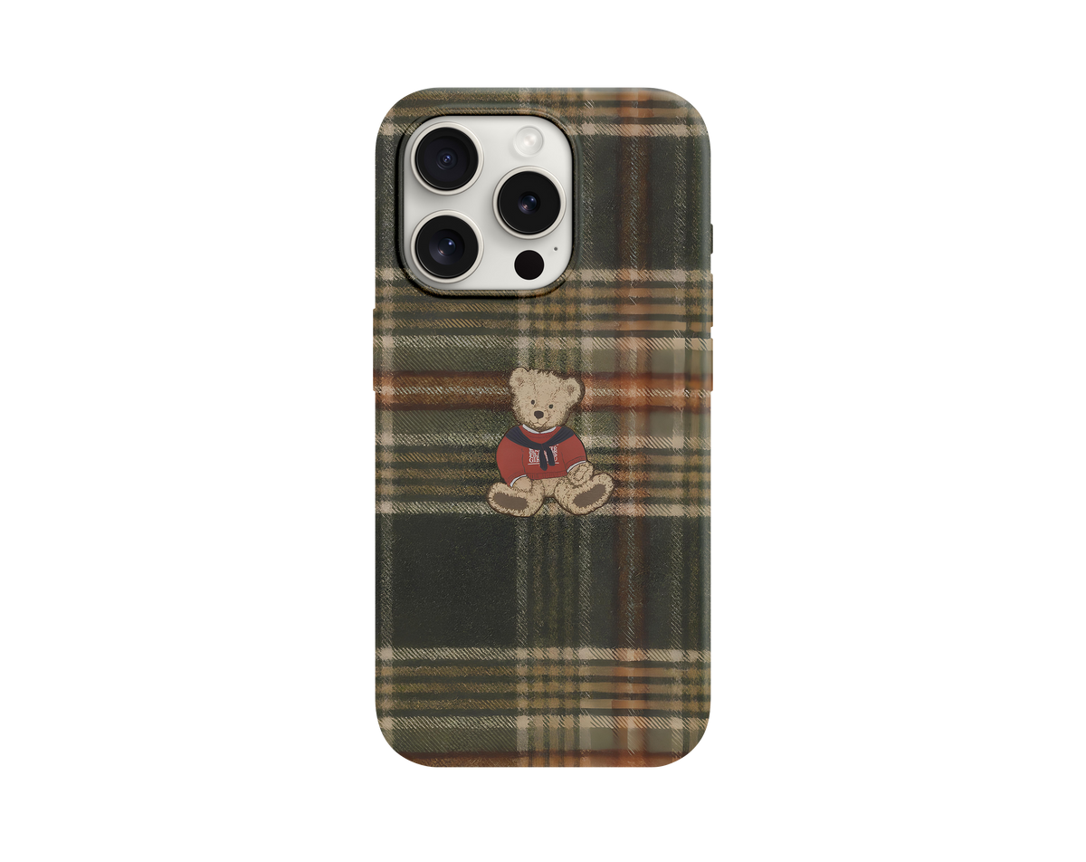 Ekose Desenli Peluş Ayı Figürlü Telefon Kılıfı
