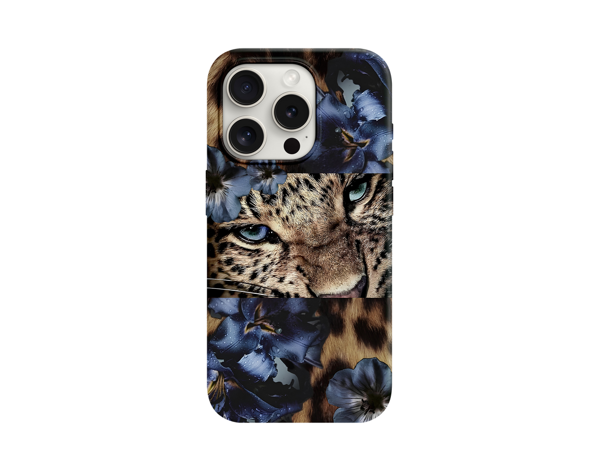 Leopar Bakışı ve Derin Mavi Çiçekli Telefon Kılıfı