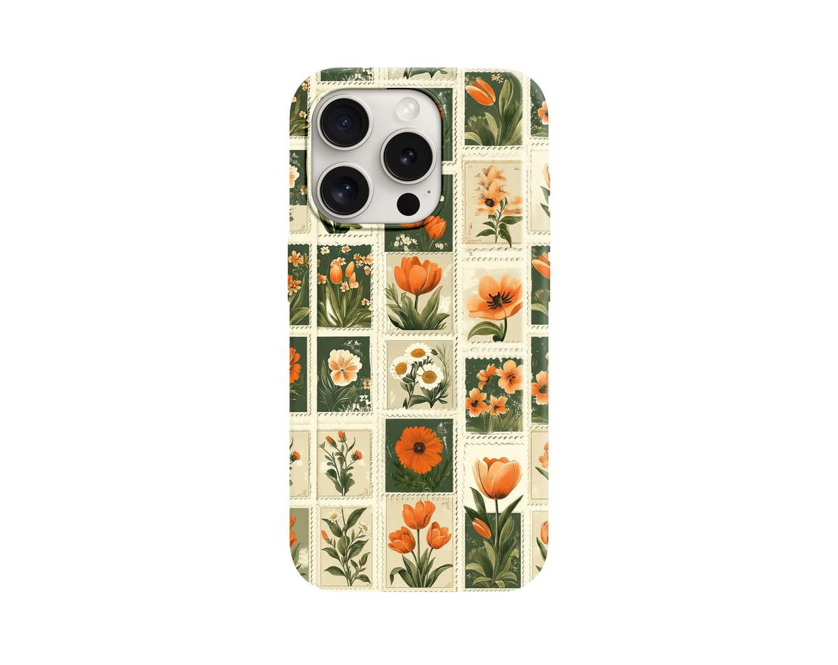 Vintage Posta Pulu ve Çiçek Desenli Telefon Kılıfı