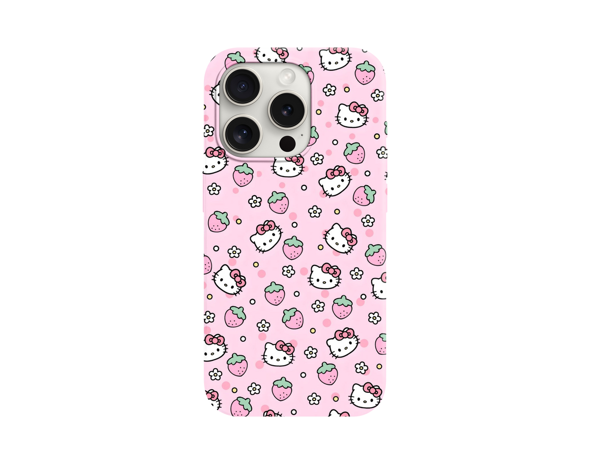 Hello Kitty ve Çilek Desenli Pembe Telefon Kılıfı