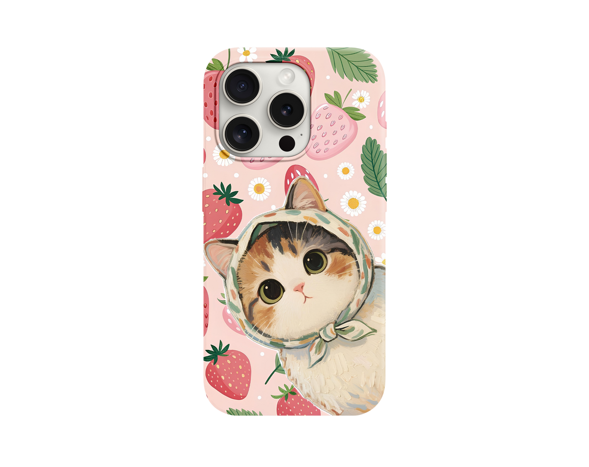 Sevimli Kedi ve Çilek Desenli Telefon Kılıfı