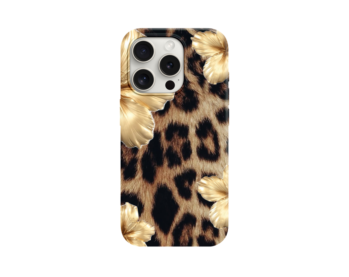 Altın Çiçekli Leopar Desenli Telefon Kılıfı