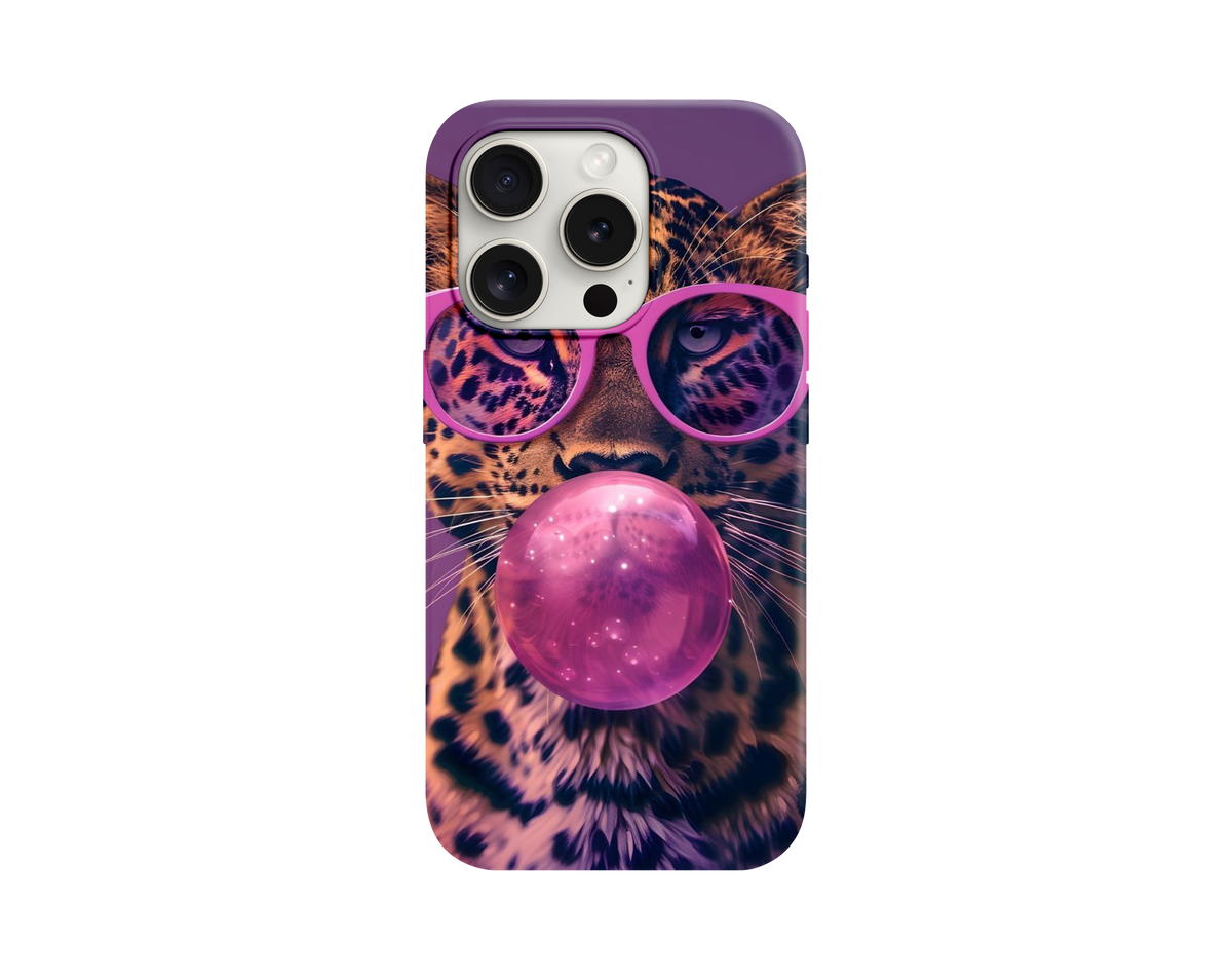Gözlüklü ve Sakızlı Leopar Figürlü Telefon Kılıfı