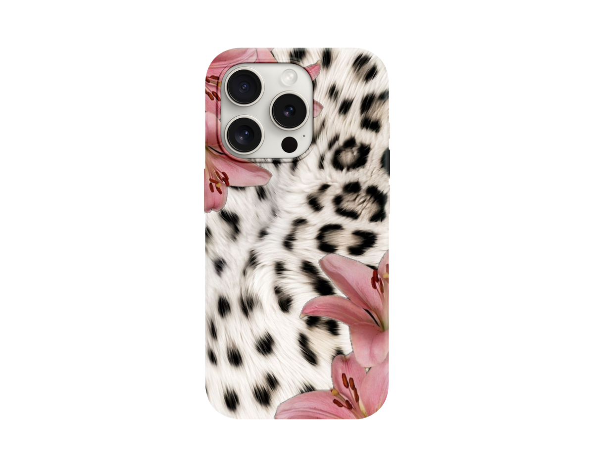 Beyaz Leopar ve Pembe Zambaklı Telefon Kılıfı