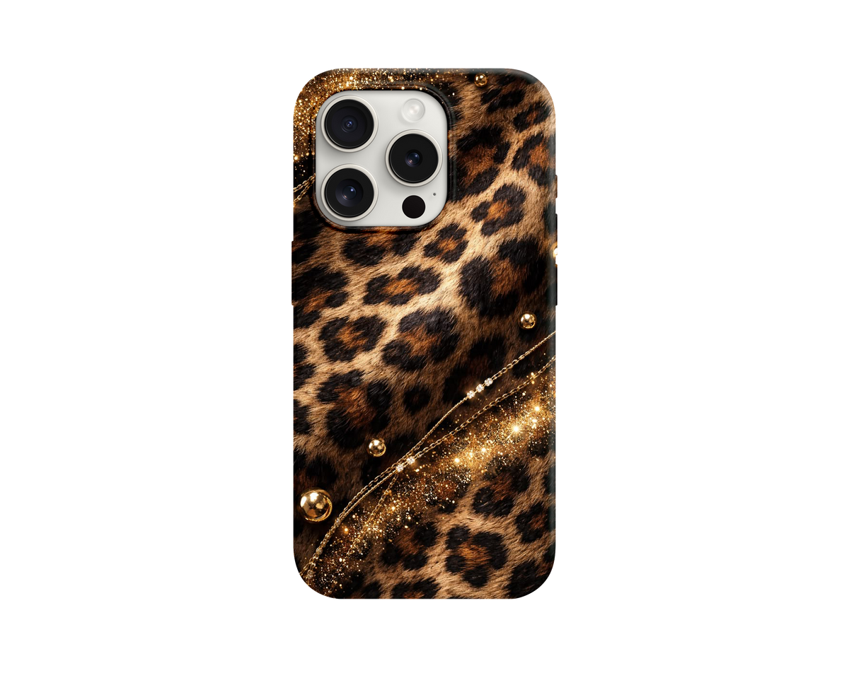 Altın Zincirli Leopar Desenli Telefon Kılıfı