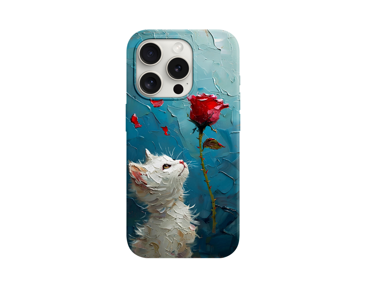 Beyaz Kedi ve Kırmızı Gül Desenli Telefon Kılıfı